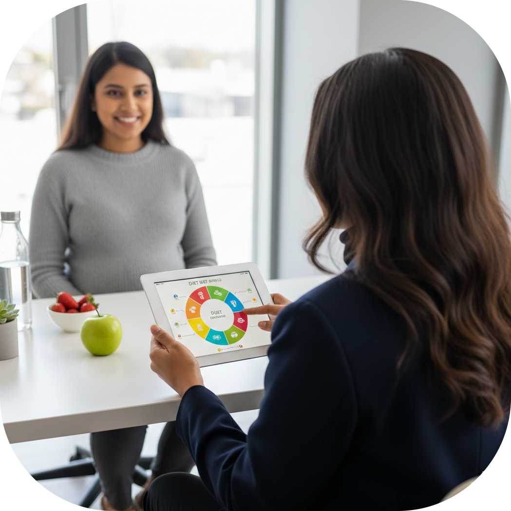 Nutrition professional showing a digital diet plan on a tablet to a patient